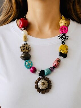 BOHO Statement Natural Gemstone Cross Turquoise Jasper Howlite Necklace